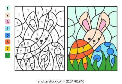 Vector coloring page Color by numbers Easter egg hunt. Puzzle game for children education and activities