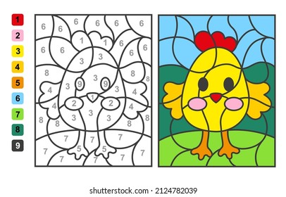 Vector coloring page Color by numbers Easter egg hunt. Puzzle game for children education and activities