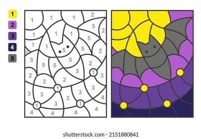 Vector coloring page Color by numbers halloween vampire bat. Puzzle game for children education and activities