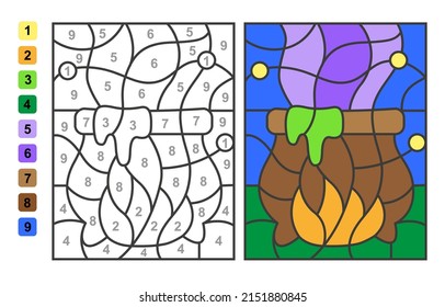 Vector coloring page Color by numbers cauldron of witch's potion. Puzzle game for children education and activities