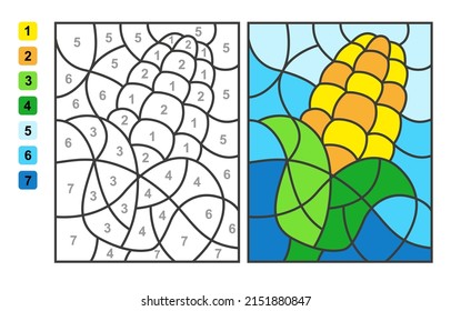 Vector coloring page Color by numbers corn. Puzzle game for children education and activities