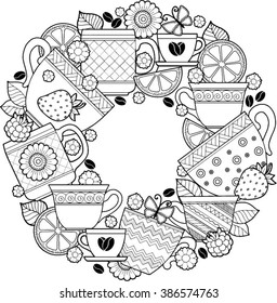 Vector para colorear. Tazas de té de hierbas y café. Flores y frutas. 