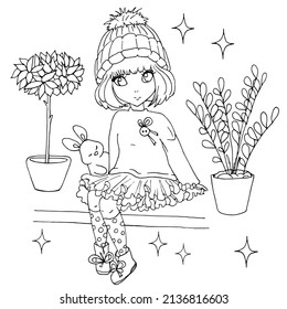vector coloring page with cute anime girl