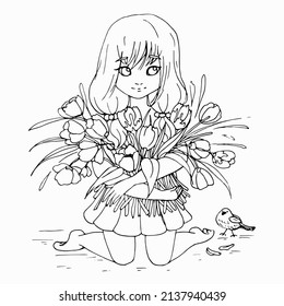 vector coloring page with cute anime girl