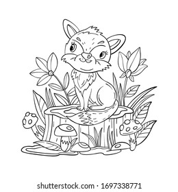 Vector coloring page with cute baby fox, mushrooms, flowers and stump. Coloring book with forest animal isolated on white. For nursery posters, pre-school educational games, prints.