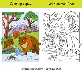 Vector coloring page with cute bears in mountain area. Cartoon isolated colorful illustration. Coloring book page and color template. For coloring book, design, preschool education, print and game.