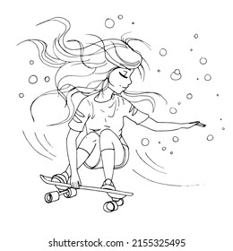 página de coloreo vectorial con tierna niña de dibujos animados, ilustración de líneas