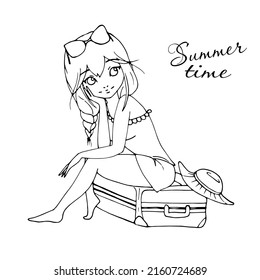 vector coloring page with cute cartoon girl, line illustration