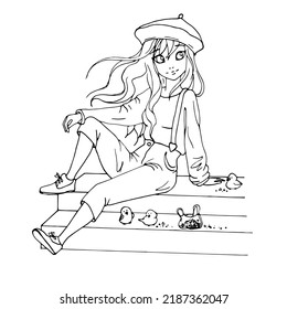 vector coloring page with cute cartoon anime girl