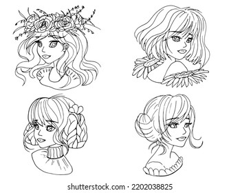 vector coloring page with cute cartoon anime girl. avatars