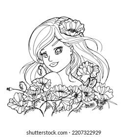 vector coloring page with cute cartoon anime girl. avatar, line art