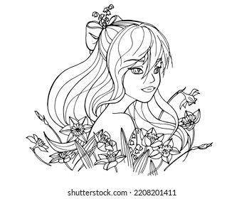 vector coloring page with cute cartoon anime girl. avatar, line art