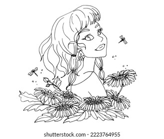 vector coloring page with cute cartoon anime girl. avatar, line art	