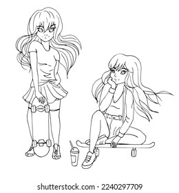 vector coloring page with cute cartoon anime girl, line art