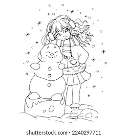 vector coloring page with cute cartoon anime girl, line art