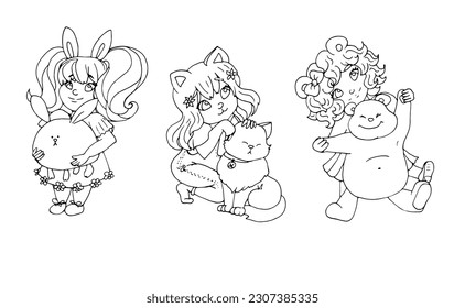 vector coloring page with cute cartoon girl. avatar, line art	