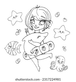 vector coloring page with cute cartoon girl. avatar, line art	