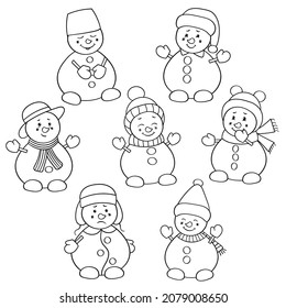 Página de coloreado de vectores con adorables hombres de nieve navideños en sombreros de invierno