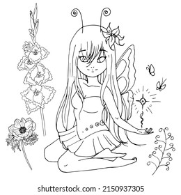 vector coloring page with  cute girl, line illustration