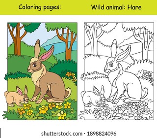 Vector coloring page with cute hare in the forest. Cartoon isolated colorful illustration. Coloring book page and color template. For coloring book, design, preschool education, print and game.