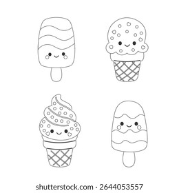 Vector coloring page of cute ice cream treats with happy faces, perfect for preschool crafts, printable worksheets, and kids' party materials.