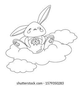 Vector coloring page with a cute little bunny sitting on the dreamy clouds with a big blueberry. Leisure activity for kids.