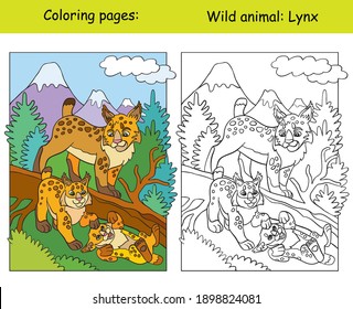 Vector coloring page with cute lynx in mountain area. Cartoon isolated colorful illustration. Coloring book page and color template. For coloring book, design, preschool education, print and game.
