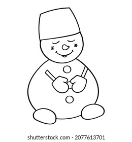 Página de coloreado de vectores con un lindo muñeco de nieve en un sombrero de invierno