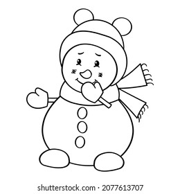 Vector coloring page with a cute snowman in a winter hat