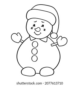 Vector coloring page with a cute snowman in a winter hat