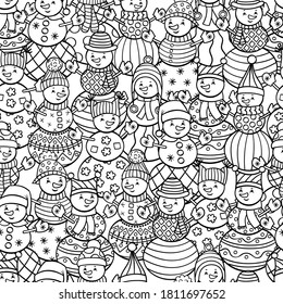 Vector coloring page with cute snowmen. Abstract seamless pattern