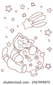 Vector coloring page with cute space cat hugs planet, comet and stars. Print page for coloring book . Flat digital illustration for preschool