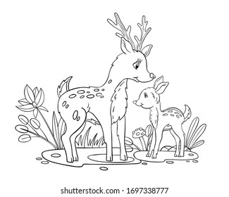 Vector coloring page with deer mother and her baby. Doodle coloring book with cute forest family, mushrooms, leaves, and plants. Isolated on white. For nursery posters, pre-school games, kids prints