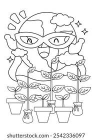 a vector of a coloring page with earth, recycling, and superhero as the theme