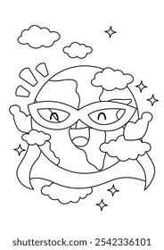 Un Vector de una página para colorear con la tierra, el reciclaje y el superhéroe como tema