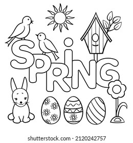 Vector coloring page with easter eggs, butterflies, flowers, a tree and the word SPRING