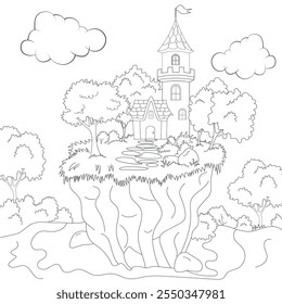 Vector para colorear, castillo de fantasía vuela en las nubes