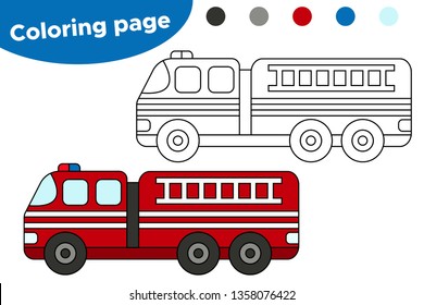 Vector coloring page fire engine. Educational game for preschool kids.