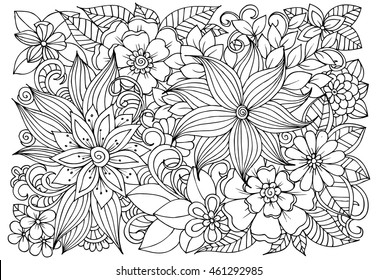 Vector coloring page of floral  pattern. Doodle flowers for adult anti-stress book.
Hand drawn nature illustration in black and white.