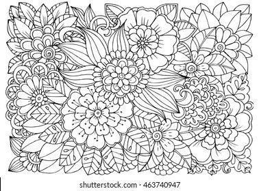 Vector coloring page of floral pattern. Doodle flowers for adult anti-stress book. Hand drawn nature illustration in black and white.