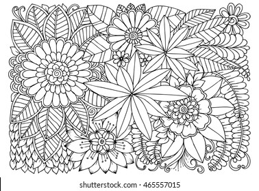 Vector coloring page of floral pattern. Doodle flowers for adult anti-stress book. Hand drawn nature illustration in black and white.