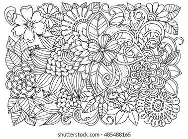 Vector coloring page of floral pattern. Doodle flowers for adult anti-stress book. Hand drawn nature illustration in black and white.