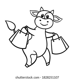 Vector coloring page with a funny funny cartoon cow on a shopping trip with purchases, symbol of 2021