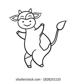 Vector coloring page with funny cartoon dancing cow, symbol of 2021