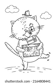 Vector coloring page with a funny cat with a hat carrying many boxes of gifts. Black and white illustration for children drawn in cartoon style.  Vector illustration for designs, prints and patterns. 
