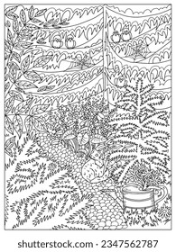 Vektorfarbseite mit lustigen Katzen und Vögeln im Garten. Schwarz-Weiß-Illustration mit Sommerkonzept und Symbolen. 