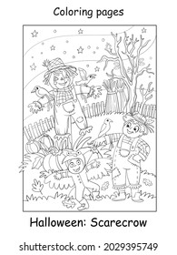 Vector coloring page funny children in costumes of scarecrow and crow. Halloween concept. Cartoon contour isolated illustration. Coloring book for children, preschool education, print and game.