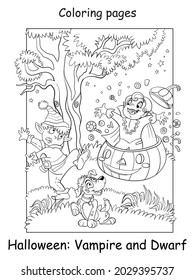 Vector coloring page funny vampire jumped out of a pumpkin and scared dwarf. Halloween concept. Cartoon contour isolated illustration. Coloring book for children, preschool education, print and game