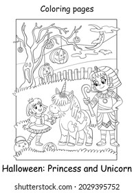 Vector coloring page kids in costume princess with a unicorn and an Egyptian. Halloween concept. Cartoon contour isolated illustration. Coloring book for children, preschool education, print and game.