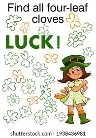 Vector coloring page for kids with girl in green hat butterfly clover leaf and lettring Luck